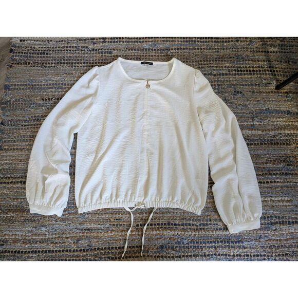 Tommy Hilfiger XL White Textured Drawstring Shirt Top Gold Zip Up Logo - Picture 4 of 8